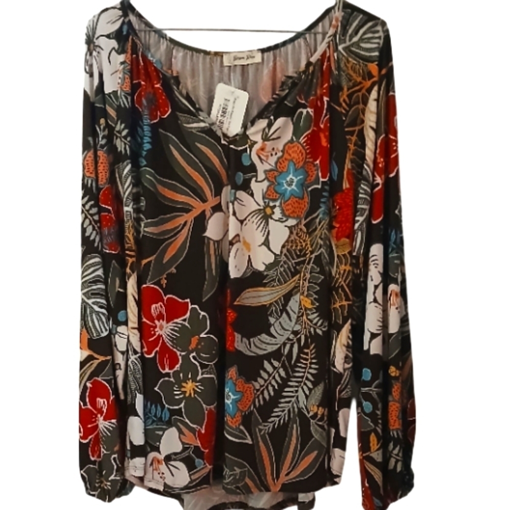 Beeson River Womens Floral Long Sleeve Blouse in Red and Cream Size L